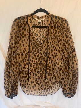 Veronica Beard 100% Silk Sheer Leopard Tie-Neck Blouse in Tan & Brown Leopard